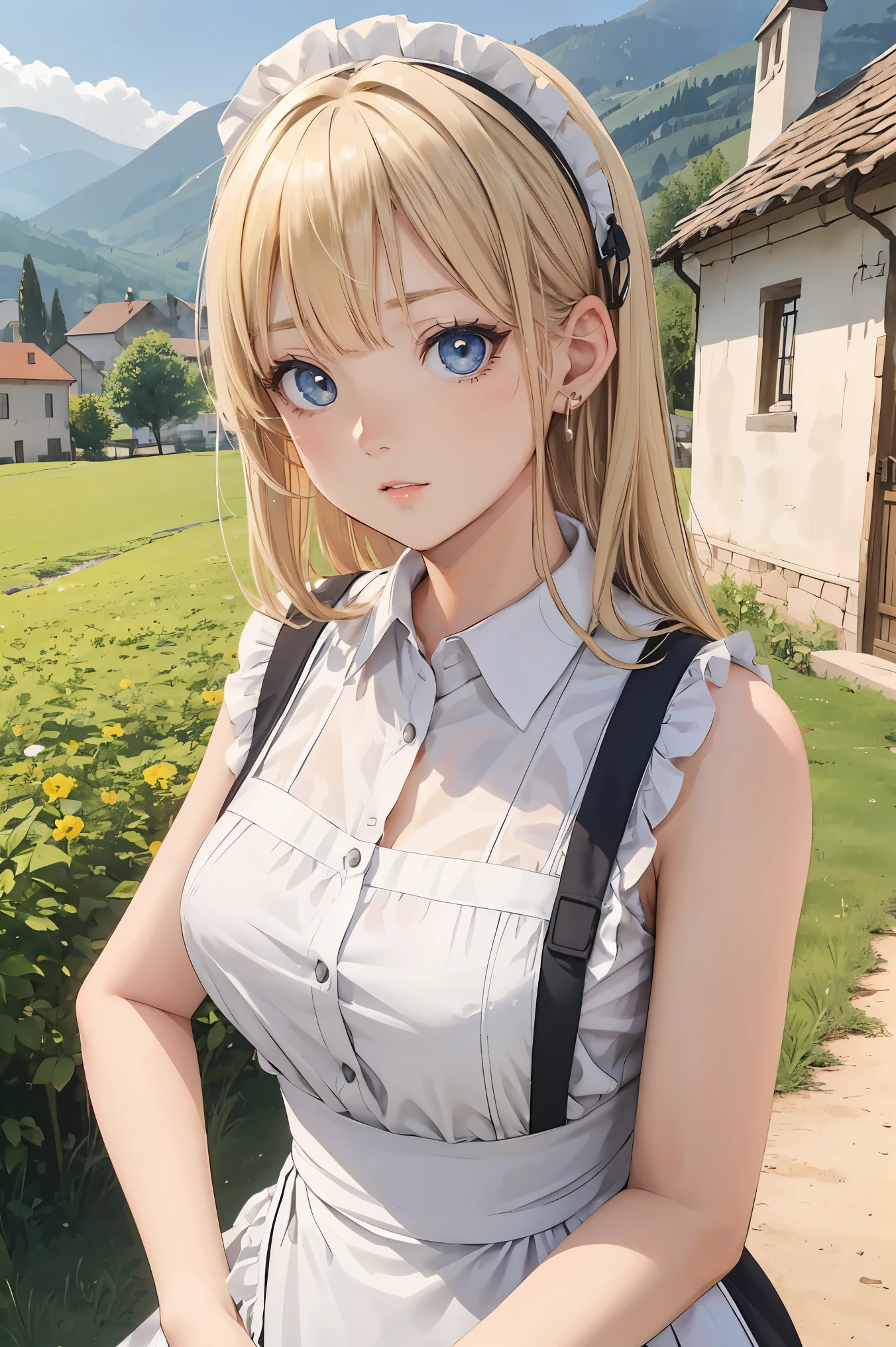 A girl,16 year old,sleeveless waitress,european countryside,blonde,bangs bangs,pretty face