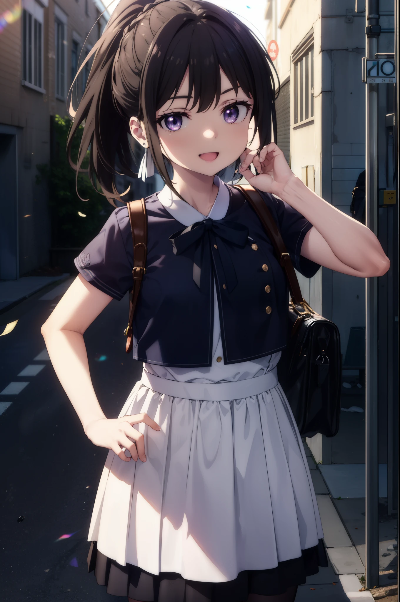 Takiuchi Kame, check it out, long hair, bangs, black hair, (purple eyes:1.2),ponytail,short braided hair,happy smile, smile, open your mouth,
Blue sailor suit,青色プリーツskirt,black pantyhose,brown loafers,happy smile, smile, open your mouth,skirt,morning,morning日,the sun is rising,
break outdoors,In town,building street,
break looking at viewer, whole body,(cowboy shot:1.5),
break (masterpiece:1.2), highest quality, High resolution, unity 8k wallpaper, (figure:0.8), (detailed and beautiful eyes:1.6), highly detailed face, perfect lighting, Very detailed CG, (perfect hands, perfect anatomy),