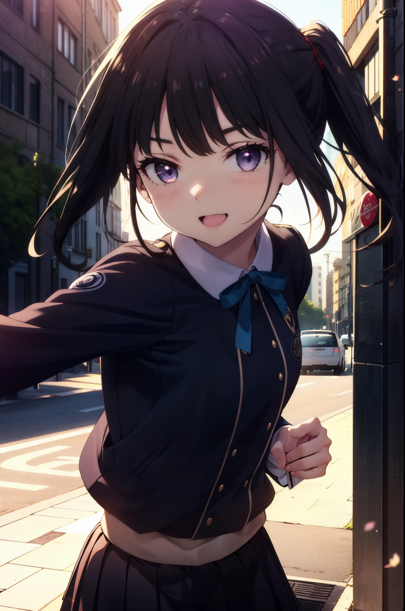 Takiuchi Kame, check it out, long hair, bangs, black hair, (purple eyes:1.2),ponytail,short braided hair,happy smile, smile, open your mouth,
Blue sailor suit,青色プリーツskirt,black pantyhose,brown loafers,happy smile, smile, open your mouth,skirt,morning,morning日,the sun is rising,
break outdoors,In town,building street,
break looking at viewer, whole body,(cowboy shot:1.5),
break (masterpiece:1.2), highest quality, High resolution, unity 8k wallpaper, (figure:0.8), (detailed and beautiful eyes:1.6), highly detailed face, perfect lighting, Very detailed CG, (perfect hands, perfect anatomy),