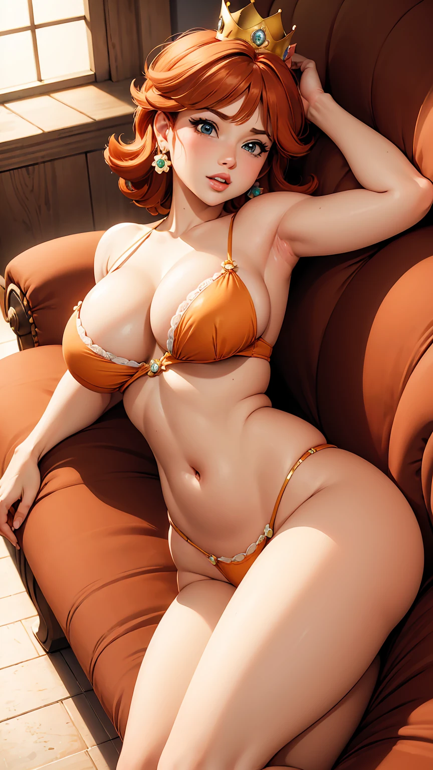 ((masterpiece)), ((best quality)), (detailed), perfect, solo, princess daisy, gorgeous woman with orange bikini, crown, luscious lips, redhead, short hair, huge breast, deep cleavage, huge booty, sexy, lying down