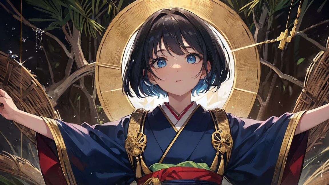 A (masterpiece, of the highest quality, ultra-detailed), featuring a 10-year-old girl with black and navy bob-cut hair, finely sculpted facial features, blue eyes, and fair skin, adorned in a traditional Japanese kimono, with sparkling eyes, ((resembling a fresco painting, a fresh picture))), is laughing with a 10-year-old boy with black hair in a short cut, in the midst of a forest, experiencing the utmost joy.