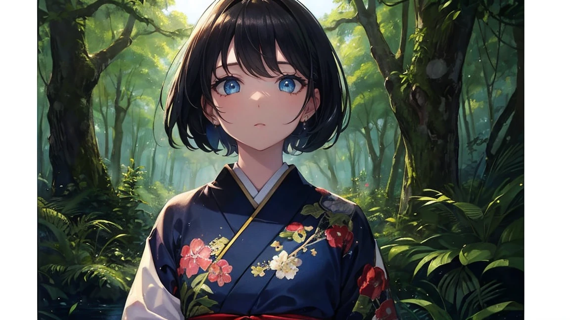 A (masterpiece, of the highest quality, ultra-detailed), featuring a -yeld giwith black and navy bob-cut hair, finely sculpted facial features, blue eyes, and fair skin, adorned in a traditional Japanese kimono, with sparkling eyes, ((resembling a fresco painting, a fresh picture))), is laughing with a 10-year-o both bl hair in a short cut, in the midst of a forest, experiencing the utmost joy.