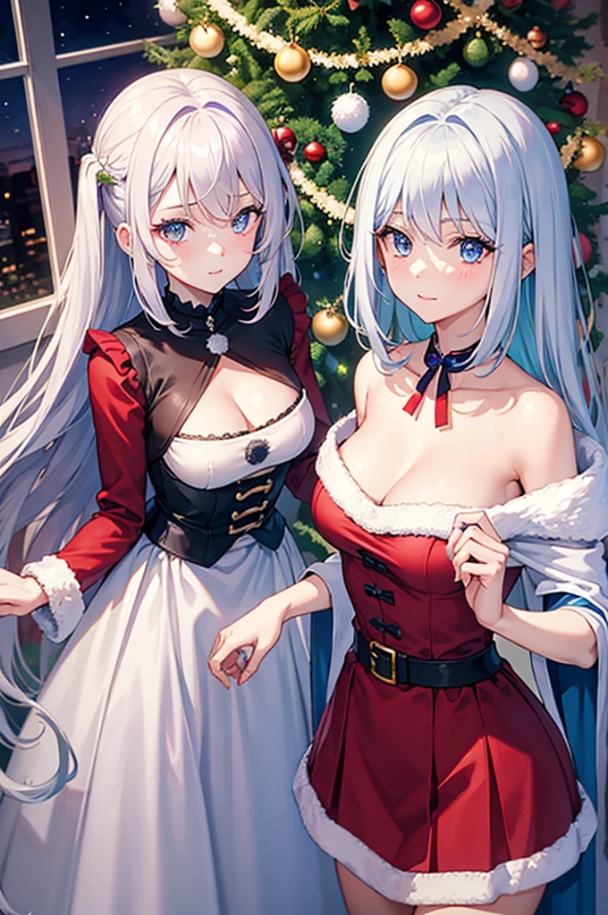 ((masutepiece, Best Quality, hight resolution, Pixel Perfect, 4k)), multiple girls, 2girls, full body visible, ((beautiful eyelashes, Realistic eyes)), ((Detailed Face, Blushing:1.2)), ((Smooth texture:0.75, lifelike texture:0.65, Photorealistic:1.1, Anime in the style of computer graphics)), Dynamic Angle, the perfect body, ((Santa Claus costume, Red knitted hat, red and white off shoulder sweater, red and white flared skirt, Black stockings with garters, shy smile)) BREAK, BREAK furina