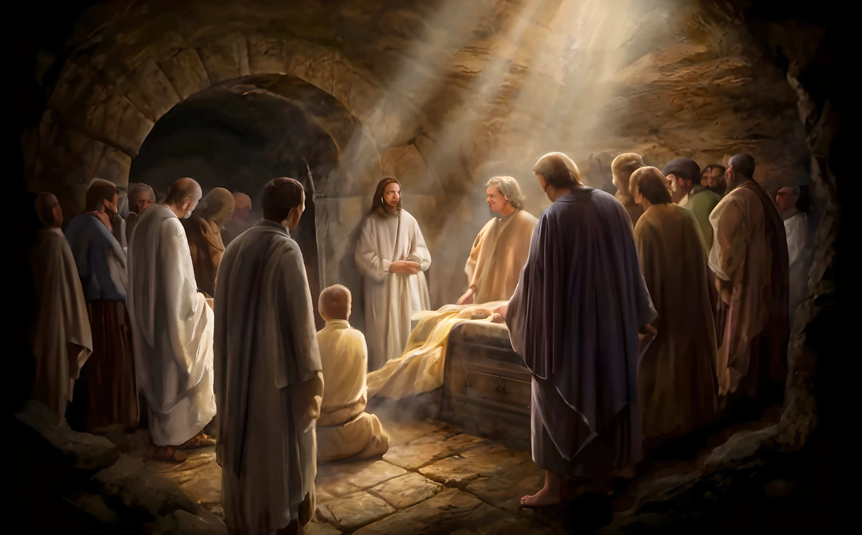 imagem arafada de um grupo de pessoas em volta de um homem deitado em uma cama, Inside the tomb of Jesus, dentro do sepulcro, por Kurt Roesch, obra-prima de luz brilhante, Greg Olsen, por Scott Gustafson, por Harrington Mann, inside a tomb, Jon Mcnaughton, pintura religiosa, bible illustration, Catholic religious art