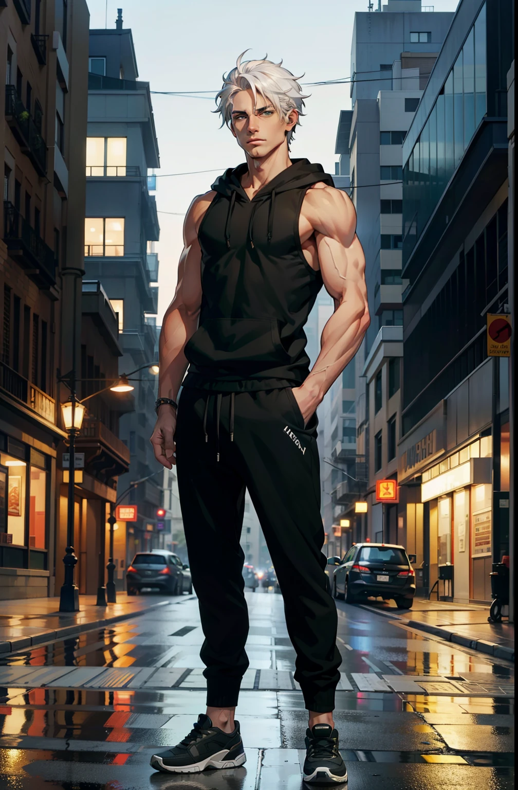 1 man, white hair, green eyes, black sleeveless hoodie, full body, standing in the street at night