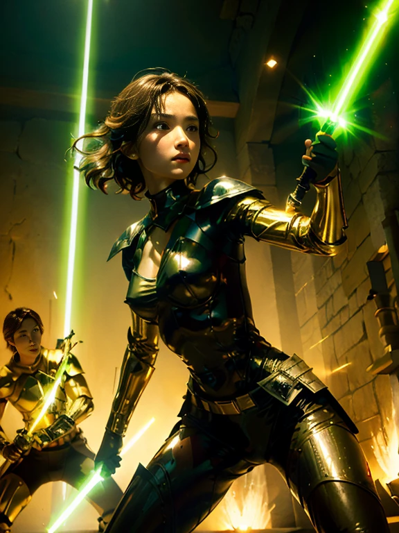 A female knight holding a glowing light saber and taking a sword fighting stance、Wearing light sci-fi style armor and holding a light saber、Demonstrate swordsmanship、In dynamic poses、Sword Dance Hall、Knights and swordsmen are gathered。