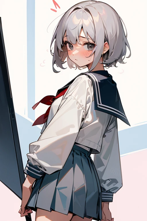 short gray hair, blush, high school student、sailor suit、Headbang 2.、cute、Beautiful woman、