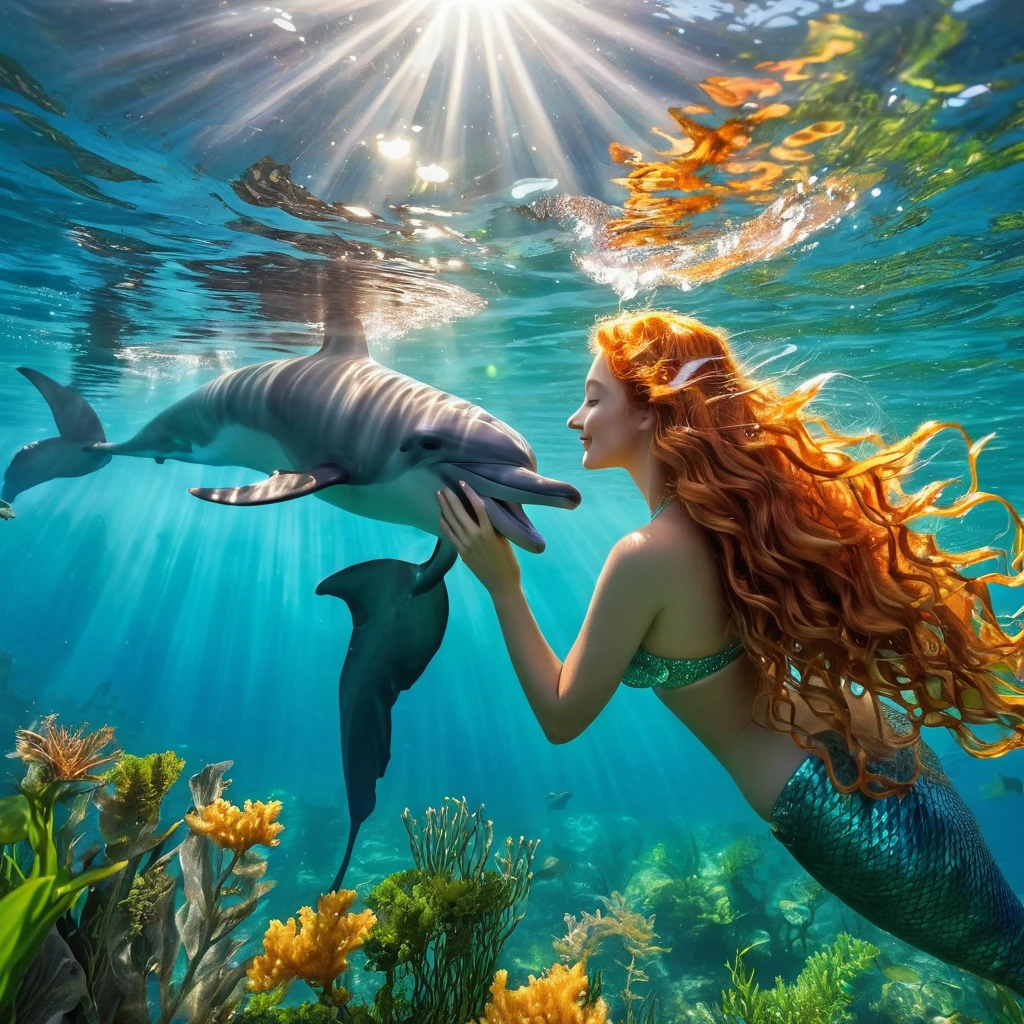 a mermaid with a dolphin in the sea. very long curly ginger hair,  fish, sea plants, water shining from the sun's rays,