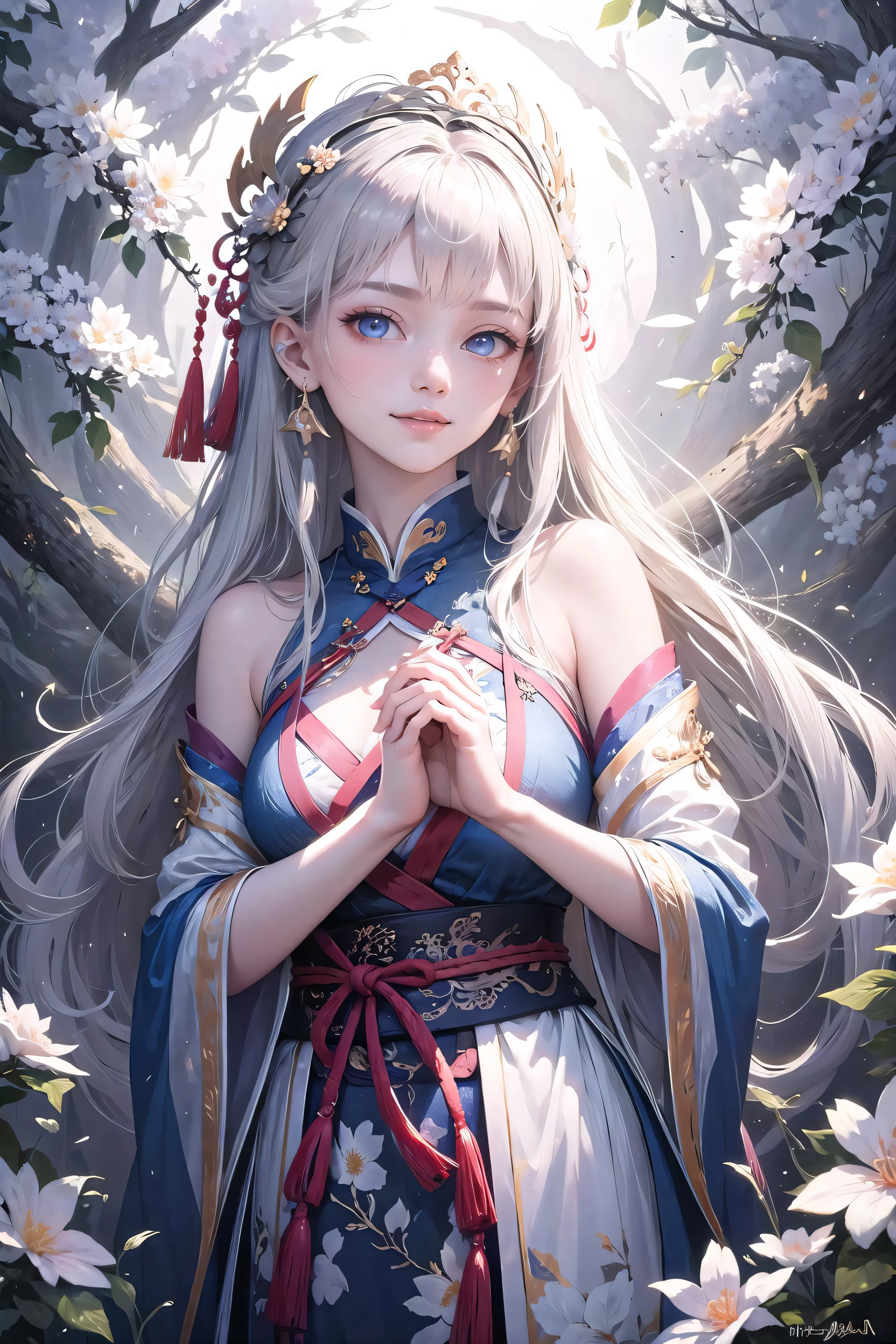 araffe woman in a pink dress with a flower crown on her head, a colorized photo inspired by Lan Ying, trending on cg society, realism, hanfu, palace ， a girl in hanfu, ancient chinese princess, a beautiful fantasy empress, ancient china art style, ancient asian dynasty princess, chinese empress, white hanfu, chinese princess,looking down, flat chested 