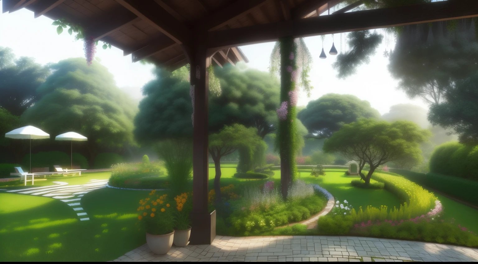 there is a view of a garden with bench and trees, exuberante jardim ao fundo, fora view, lush vegetation in the center, centre image, fora, with lots of vegetation, trees fora, with fruit trees, Garden with fruits on trees, assorted trees on the back, quintal, back quintal, vibrant greenery fora, muito perto da natureza real, com um jardim