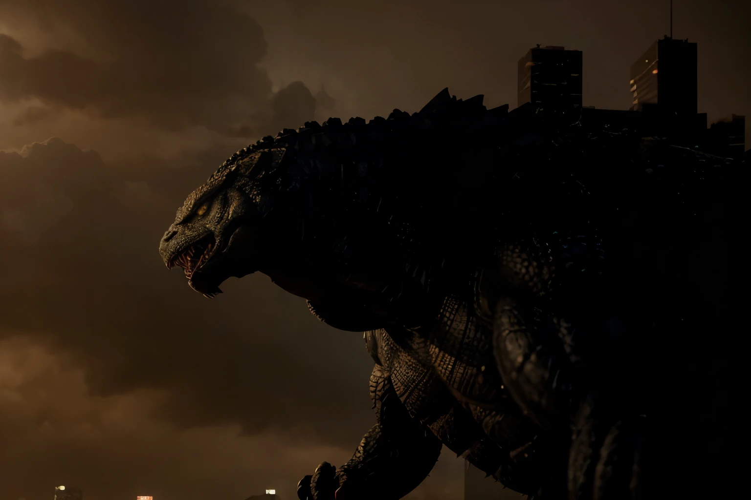 (Best quality, 8k, 32k, Masterpiece, UHD:1.2) Render Godzilla towering over the cityscape, with buildings dwarfed beneath its massive frame. Depict its thick, scaly skin in intricate detail, capturing the texture and sheen of reptilian scales. Add depth and dimension to the scales, highlighting their rugged appearance and irregular patterns.
Focus on Godzilla's menacing gaze, with a reptilian eye that exudes power and ferocity. Emphasize the intensity of its stare, conveying a sense of primal instinct and deadly intent. Use realistic lighting and shading to enhance the depth and realism of the eye, making it appear lifelike and foreboding.
Convey Godzilla's sheer size and strength through its muscular physique and imposing posture. Show the muscles rippling beneath its skin, hinting at the immense power contained within its colossal form. Use dynamic posing to convey Godzilla's dominance and dominance over its surroundings.
Incorporate subtle details that add to Godzilla's character and backstory, such as scars or battle damage that hint at past encounters with other monsters. Use weathering and wear to give Godzilla a weathered and battle-hardened appearance, suggesting a long history of conflict and survival.
Finally, set the scene with a cityscape in chaos, with buildings crumbling and fires raging as humanity struggles to survive against the unstoppable force of nature that is Godzilla. Capture the scale and spectacle of the scene, immersing viewers in the epic clash between man and monster."
Finally, evoke a sense of empathy and concern for the plight of those affected by the disaster, drawing viewers into the scene and encouraging reflection on the fragility of human civilization in the face of natural and man-made catastrophes."