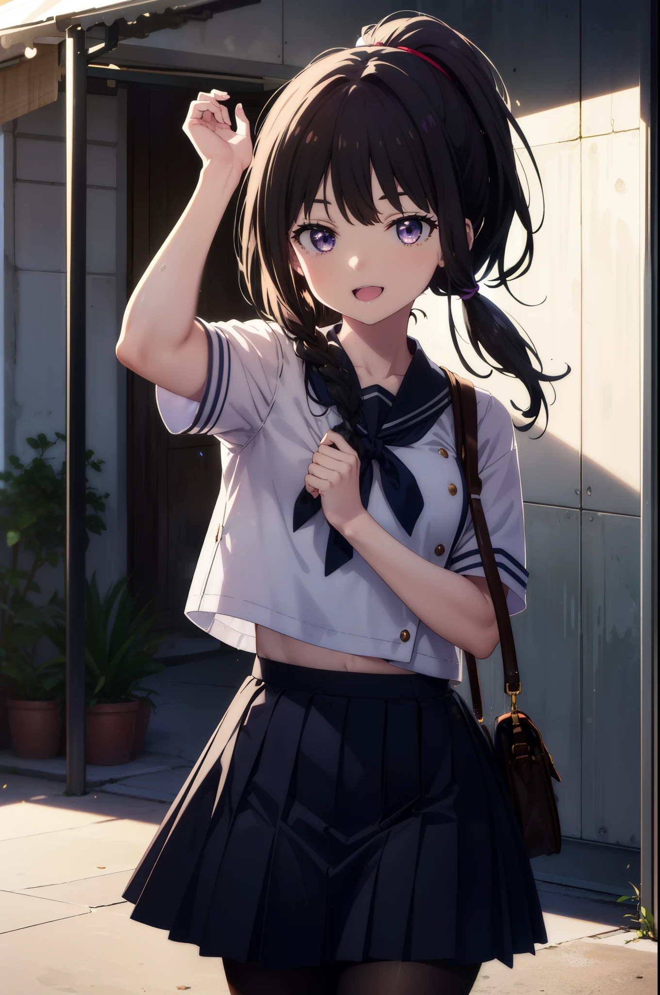 Takiuchi Kame, check it out, long hair, bangs, black hair, (purple eyes:1.2),ponytail,short braided hair,happy smile, smile, open your mouth,
Blue sailor suit,青色プリーツskirt,black pantyhose,brown loafers,happy smile, smile, open your mouth,skirt,morning,morning日,the sun is rising,
break outdoors,In town,building street,
break looking at viewer, whole body,(cowboy shot:1.5),
break (masterpiece:1.2), highest quality, High resolution, unity 8k wallpaper, (figure:0.8), (detailed and beautiful eyes:1.6), highly detailed face, perfect lighting, Very detailed CG, (perfect hands, perfect anatomy),