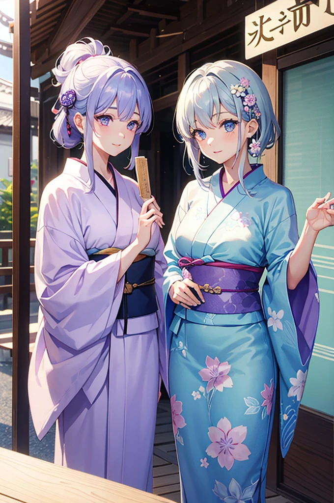 duo　A beautiful woman with short silver hair and blue eyes　Beautiful woman with pastel purple wavy long hair　yukata　Summer festival