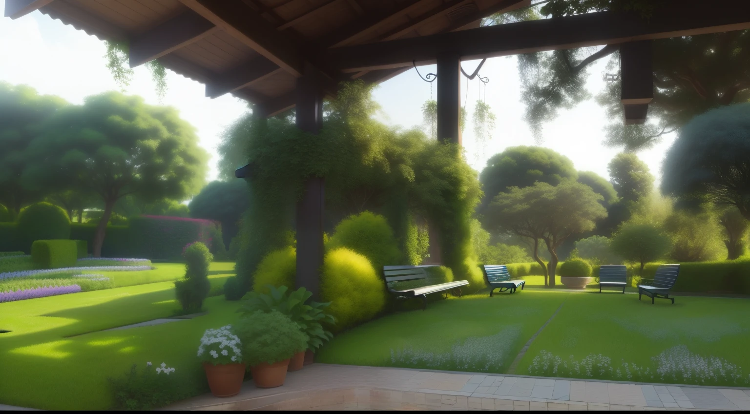 there is a view of a garden with bench and trees, exuberante jardim ao fundo, fora view, lush vegetation in the center, centre image, fora, with lots of vegetation, trees fora, with fruit trees, Garden with fruits on trees, assorted trees on the back, quintal, back quintal, vibrant greenery fora, muito perto da natureza real, com um jardim