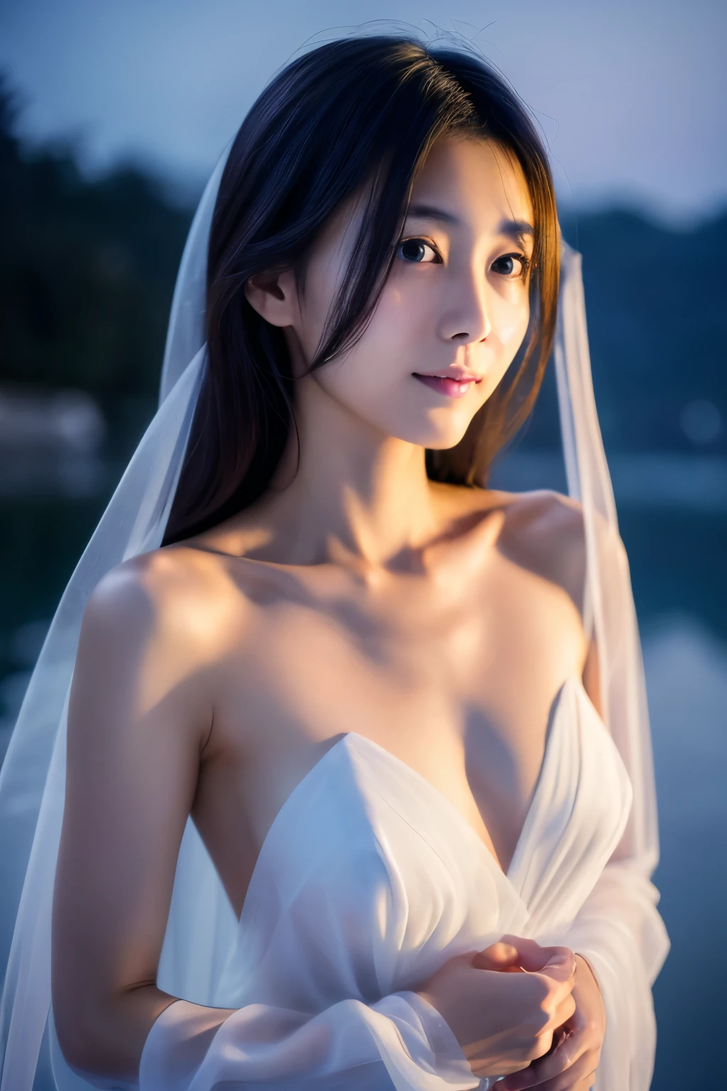 (masterpiece, 8K, high quality, high resolution), Skinny Japanese woman, age 30s, cute face, (detailed face), (detailed eyes), Under the moonlight, draped naked-body in a white veil, standing by the lakeside in the night.