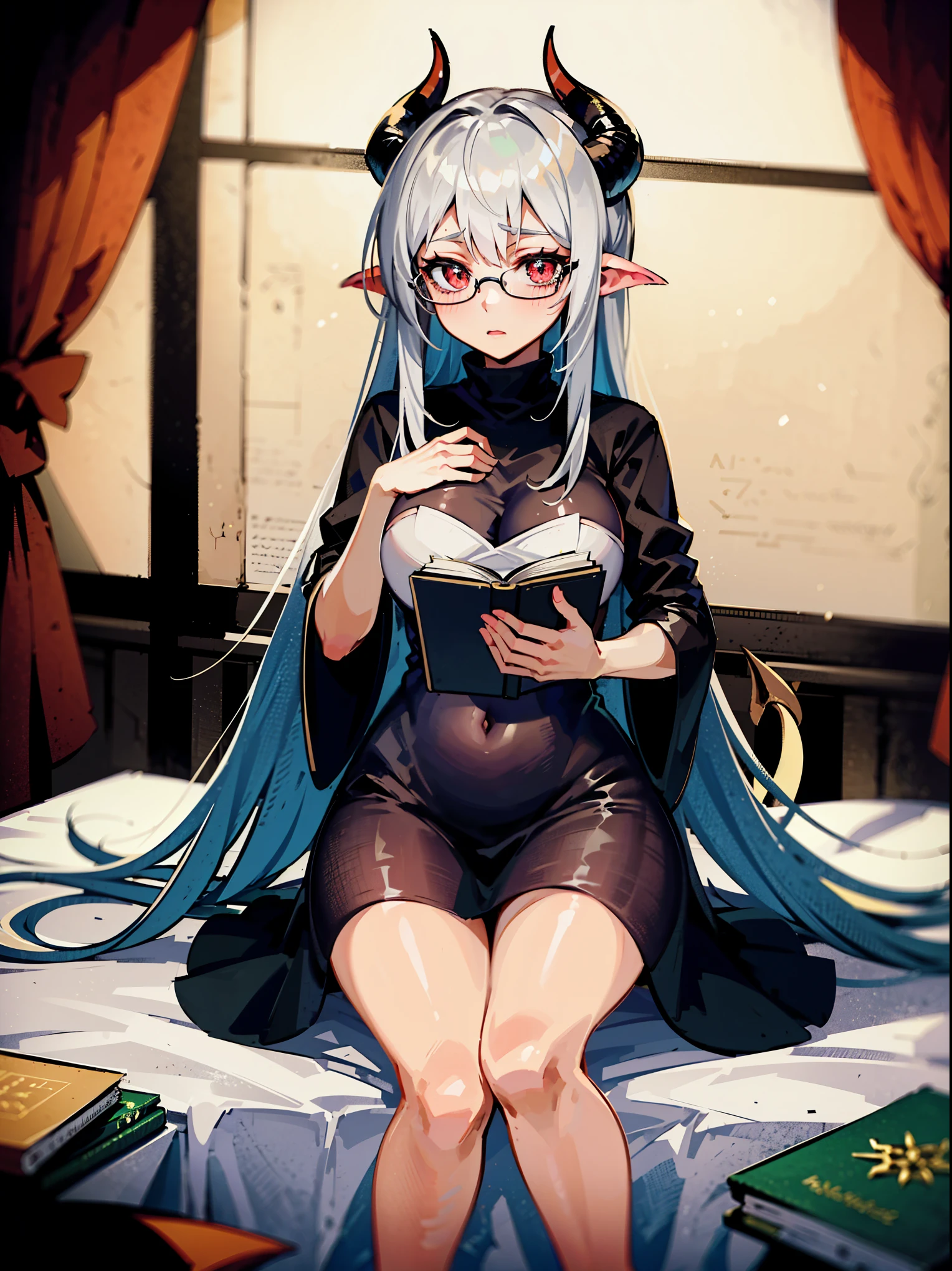 Demoness girl, 28 years old, motherly features, high quality, 4k, medium breasts, Glasses, Shy expression, long hair, colorful, dainty hands, Demon tail visible, Has a tail, sitting on bed in a summoning circle, demon book