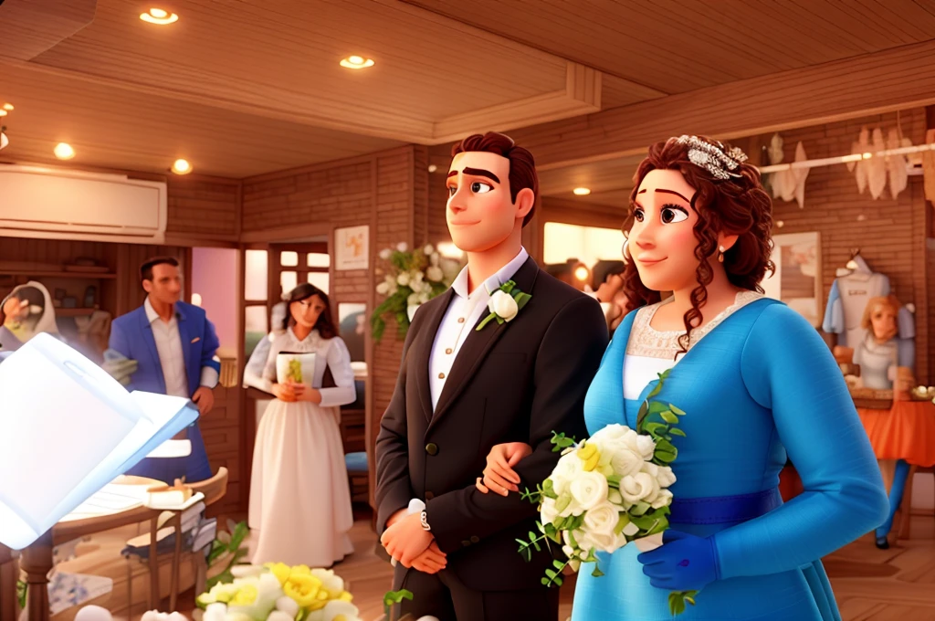 Homem de terno, mulher de vestido de noiva, apaixonados e de olhos fechados, disneypixar |