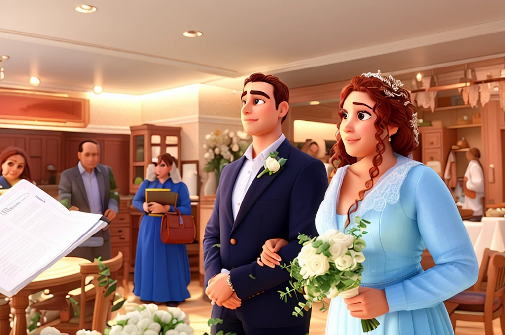 Homem de terno, mulher de vestido de noiva, apaixonados e de olhos fechados, disneypixar |