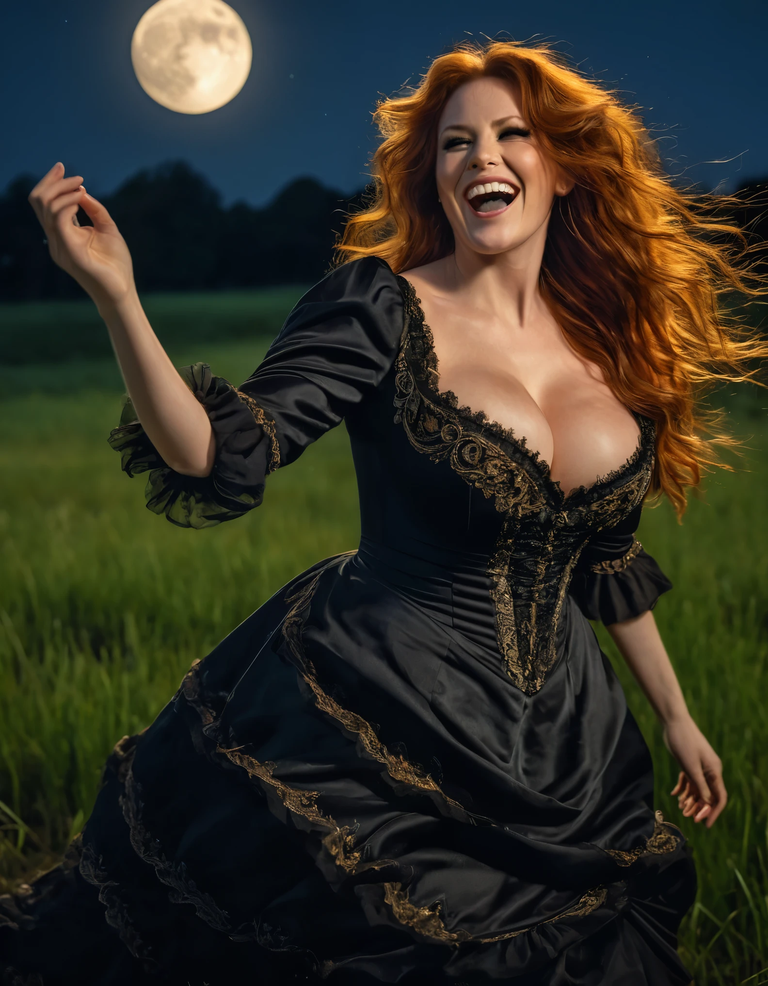 masterpiece 8k, high detailed picture (realism), of 45yo redhead woman, full body picture, dancing and laughing outside a grass field night. wearing black Victorian dress, cleavage, (glistening huge breasts), (naturally sagging breasts), (focus on detailed body anatomy), slim body, long messy windy hair. evil laughing (detailed evil face expression). Full moon night and old creepy wood cabin in the background. ultra-realistic, detailed surroundings dramatic lighting, ((detailed picture)), (intricate details), professional picture, ((shallow depth of field)) (cinematic lighting), HDR enhancement, ultra-fine texture, photorealistic, Extremely Realistic