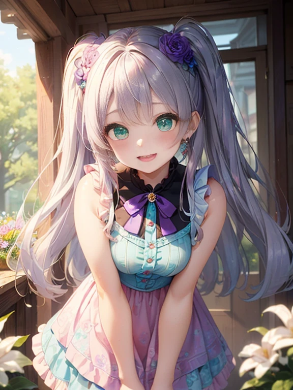 小さなgirl、The arrival of spring、big butt、 (alone:1.5,)Super detailed,bright colors, very beautiful detailed anime face and eyes, look straight, ;d, shiny_skin,girl, ((silver long hair,Inner color is red 、forehead is exposed.、green eyes、、shiny hair, delicate beautiful face, blush、(turquoise eyes), White skin, Valletta, earrings,、blue flower field、(((floral pink ruffle dress、purple mini skirt)))、twin tails、smile、happy face、face dyed red