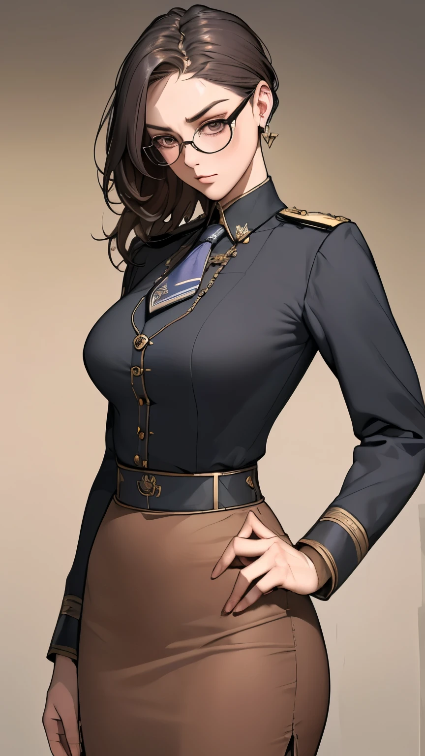(masterpiece:1.3), (disorganized:1.3), (highest quality:1.3),(perfect anatomy:1.5),perfect finger,(detailed face), solo,1 middle age woman around 50 years old,Army officer,(Steam Punk), (Victorian era),Old Hong kong,(Kowloon area),horizontal angle,((looking at viewer)), (Super detailed:1.3),(best shadow:0.7),(small breasts),((treated black hair)),(blunt bangs),long hair,fine eyes, beautiful eyes, 1 mature woman, ((saggy small breasts)),((muscular)),dark skin,alone, standing, crystal earrings,closed_mouth, arm_behind_return,Army officer uniform,insignia,pencil skirt,tie,rest outdoors, intimidating pose,cowboy shot