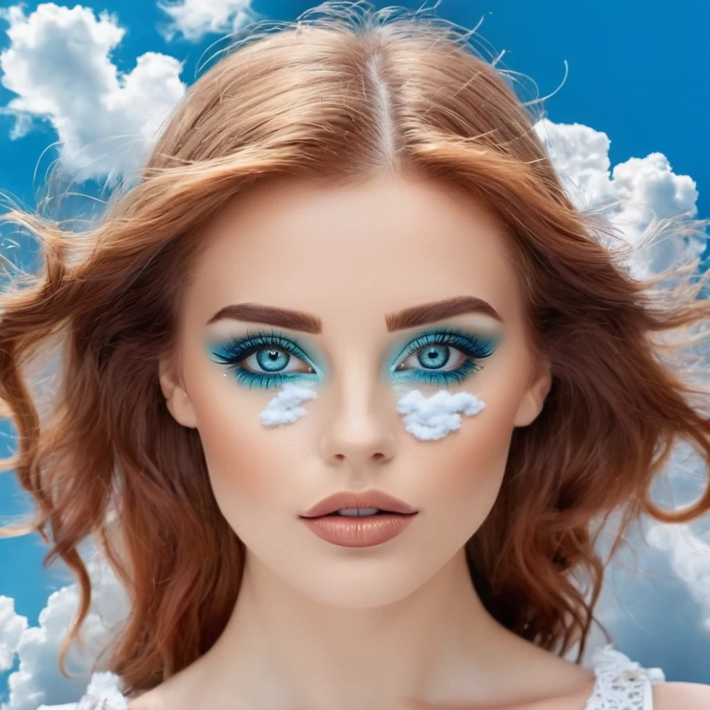 Mulher ruiva de olhos azuis (foto frontal), cominha sobre as nuvens (realista), pouca roupa, decote