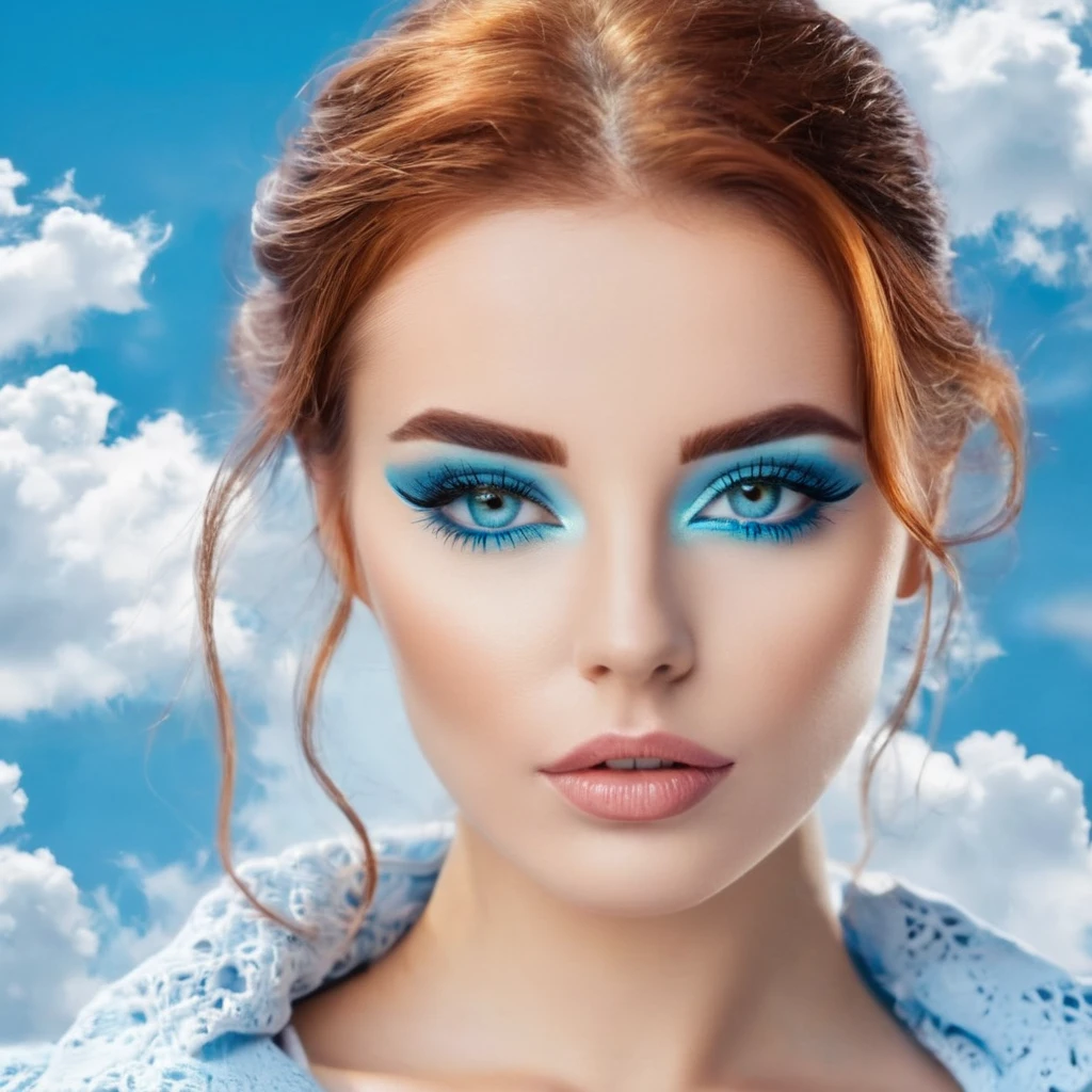 Mulher ruiva de olhos azuis (foto frontal), cominha sobre as nuvens (realista), pouca roupa, decote