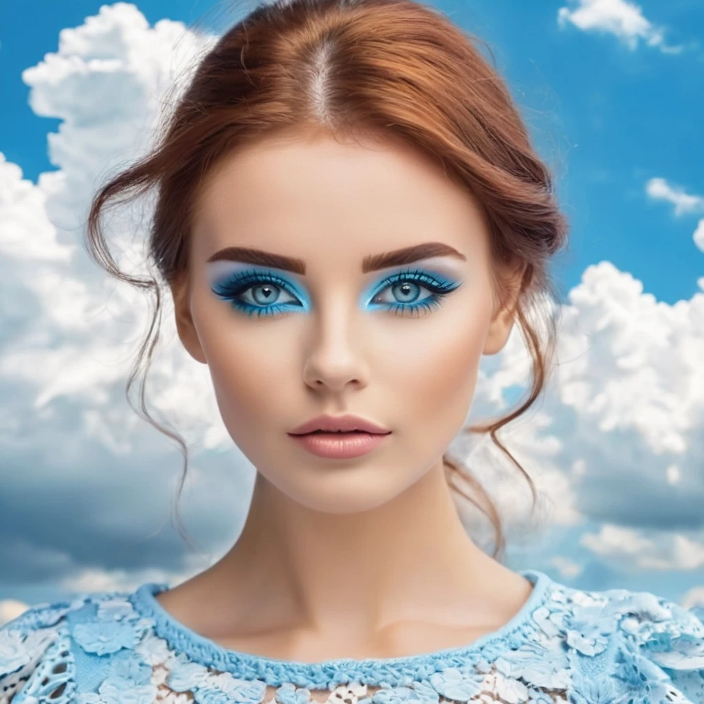 Mulher ruiva de olhos azuis (foto frontal), cominha sobre as nuvens (realista), pouca roupa, decote