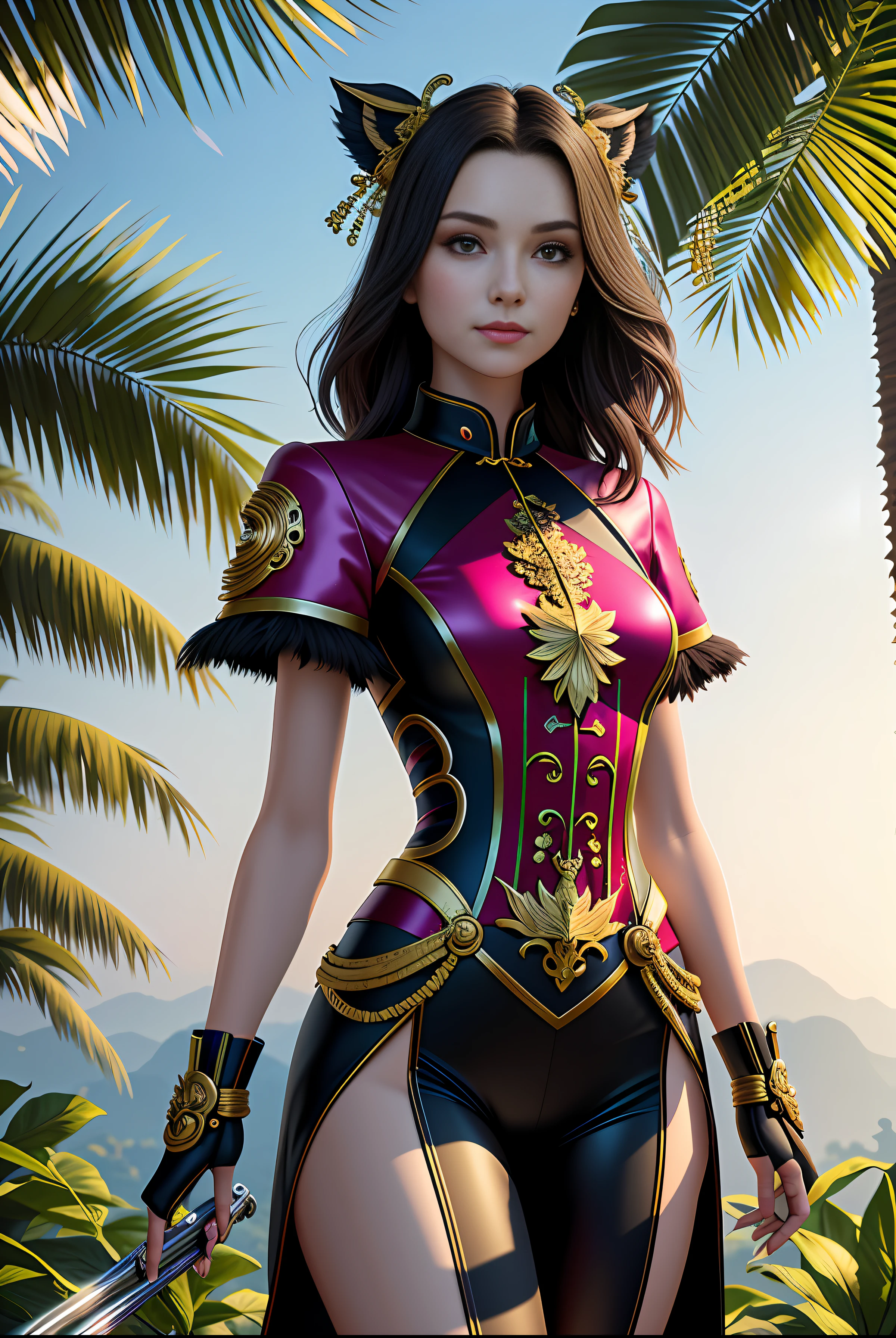 Chroma V5, nvinkpunk, gorgeous furs, intricate gorgeous cheongsam, (very detailed CG unity 8k wallpaper), majestic jungle landscape surrounded by lush pink foliage, award-winning photography, chromatic aberration, detailed, HDR, bloom, majestic oil painting, Thomas Cole, Frederick Church and Albert Bir Stadt, popular on art stations, popular on CGsociety, complex, highly detailed, dramatic, halfway art, (Original photo: 1.2), (realistic: 1.4), Beautiful detailed girl, extremely detailed eyes and face, beautiful delicate eyes, ridiculous, incredibly ridiculous, huge file size, super detailed, high resolution, extremely detailed, best quality, masterpiece, illustration, extremely refined and beautiful, very detailed, CG, unity, 8k wallpaper, amazing, fine details, masterpiece, best quality, official art, extremely detailed CG Unity 8k wallpaper, face light, Cinematic lighting
