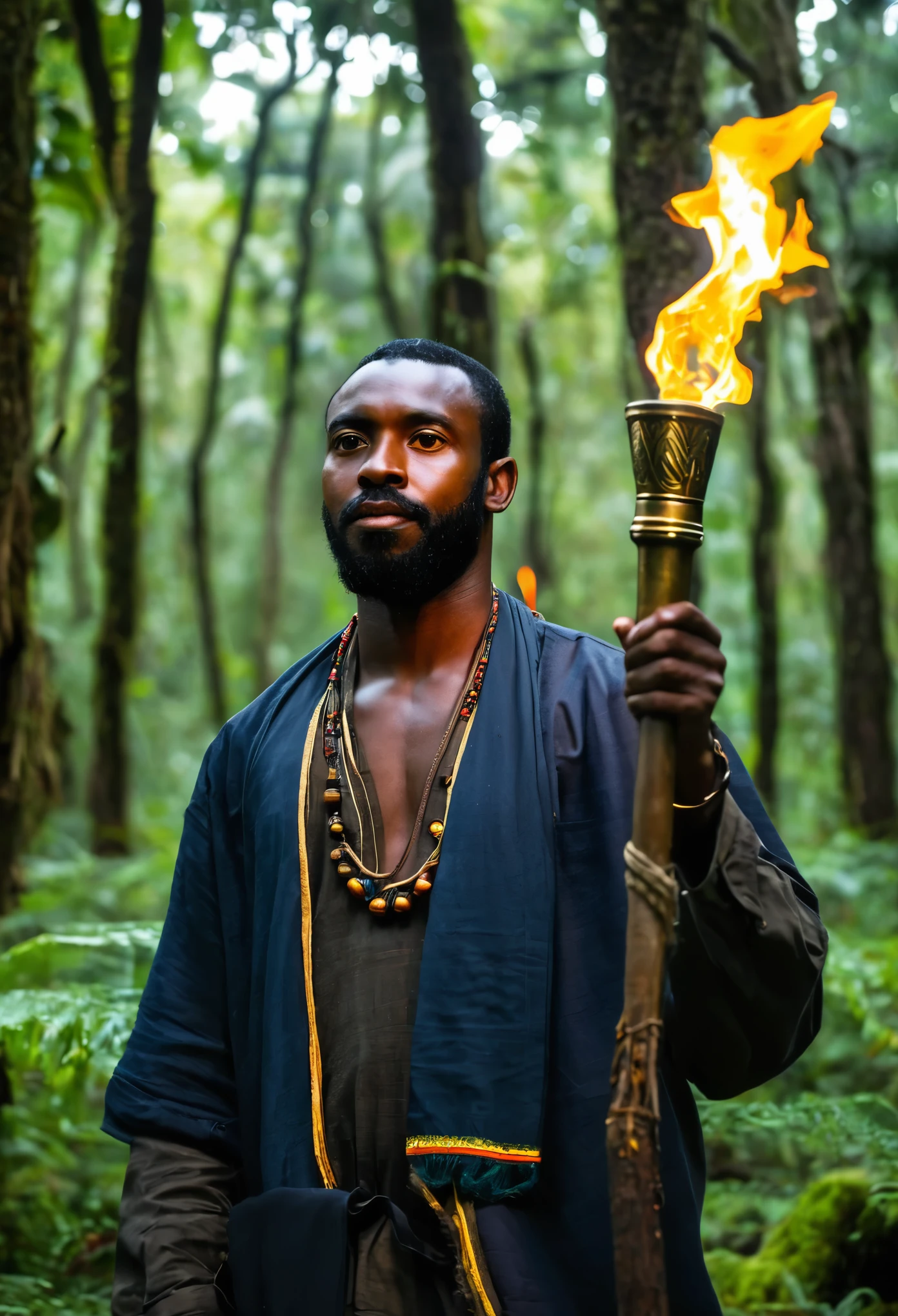 Ancestral black man in the forest holding a torch