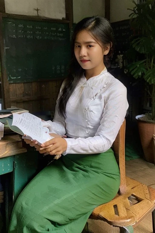 there is a woman standing in a green skirt and white shirt, nivanh chanthara, wearing traditional garb, traditional dress, wearing headmistress uniform, traditional clothes, wearing authentic attire, in style of lam manh, white shirt and green skirt, nuttavut baiphowongse, student, 30 years old woman