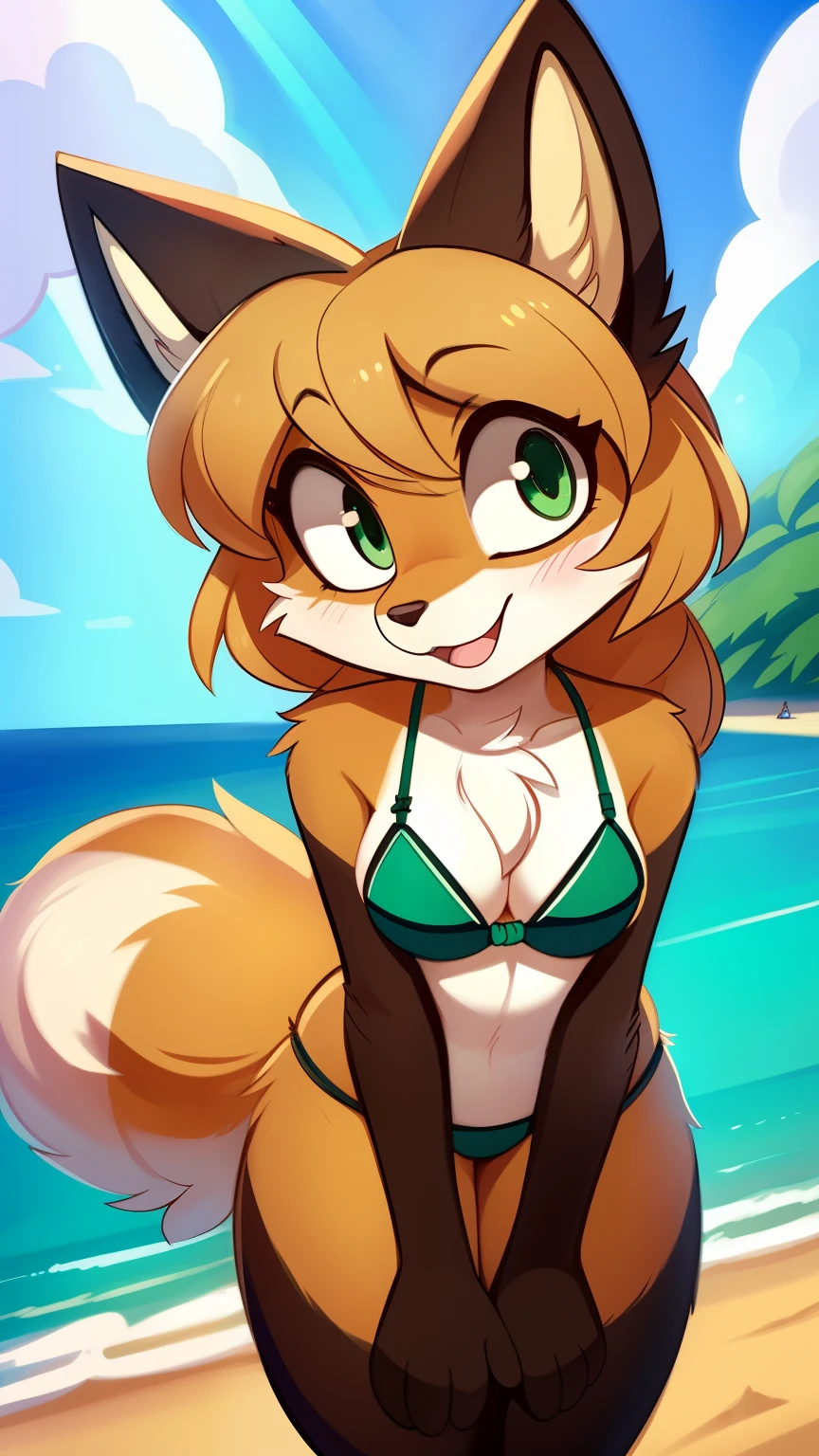 Nervous smiling, uploaded the e621, beautiful and detailed, woman (((female))) ((anthro)) Fox, (Averi, Fox girl), by waspsalad, by phluks, by zero-sum, cinematic lighting, Fox, (anthro, fluffy fur, character focus:1.1), 1girl, anthro fox girl, body fur, curvy, sexy, nice, cute, hot, comfortable anime-style cartoon-style, digital drawing, (half-closed eyes), green eyes, green bikini (striped bikini), bent over, surprised, beach