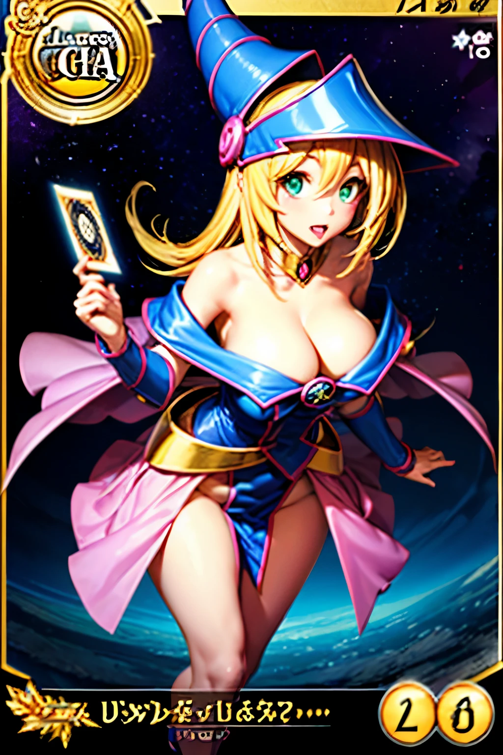 (Obra maestra:1.2), (La mejor calidad:1.2), perfect lighting, Chica Maga Oscura lanzando un hechizo, flotando en el aire, tetas grandes, escote, fondo de magia. Corazones transparente en el hambiente, bata azul, sombrero grande, desde arriba, Destellos, Yugioh Card en el fondo