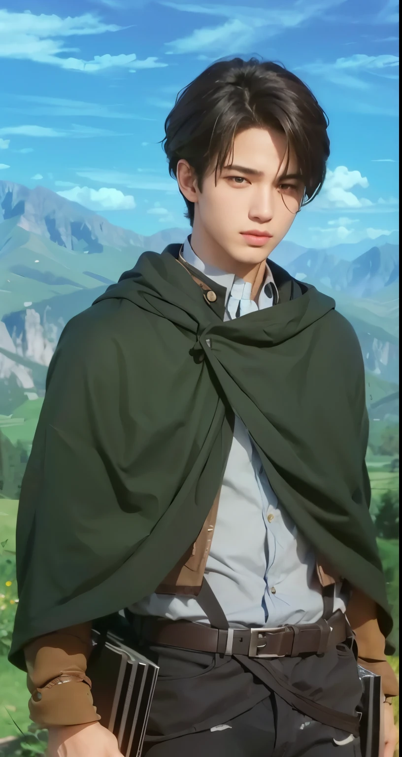 Real life adaption of this character , teen handsome face, realistic same hair, realistic same outfit, hyper realistic, realistic same background, realistic light, realistic shadow, realism, (photorealistic:1.2)