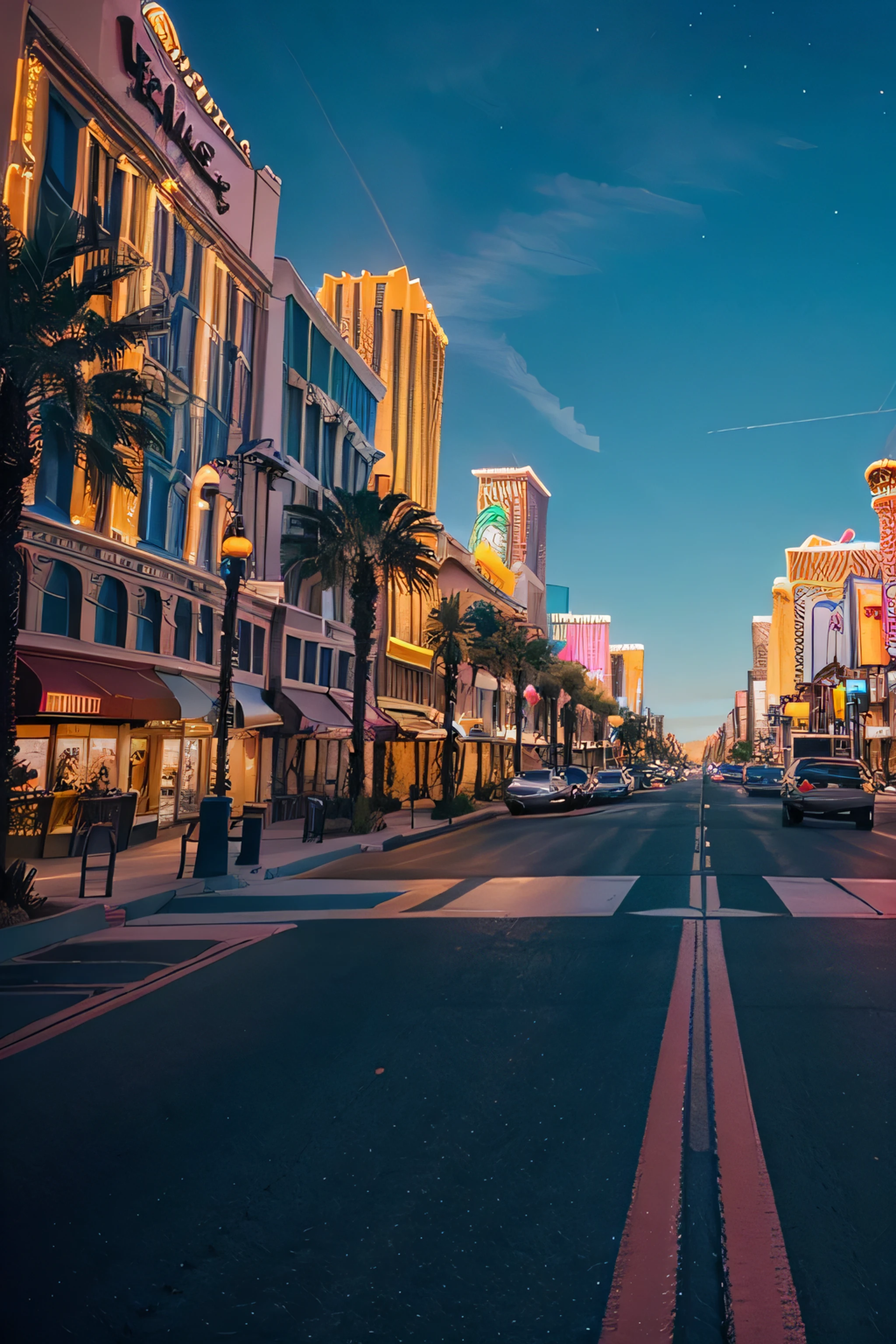 "Embark on a captivating artistic journey to depict the dazzling skyline of Las Vegas bathed in the brilliance of daylight, employing a vibrant spectrum of colors to illuminate its iconic landmarks and bustling energy. Envision the towering hotels and casinos rising majestically against the desert horizon, their facades adorned with a kaleidoscope of lights and hues. Capture the vibrant atmosphere of the Las Vegas Strip, alive with bustling crowds, extravagant architecture, and dynamic signage. Incorporate the vast expanse of the Nevada sky, painted in shades of azure and cerulean, serving as a breathtaking backdrop to the city's electric energy. Let your brushstrokes convey the pulsating rhythm and larger-than-life allure of Las Vegas in the full light of day, inviting viewers to immerse themselves in its vibrant and captivating essence."