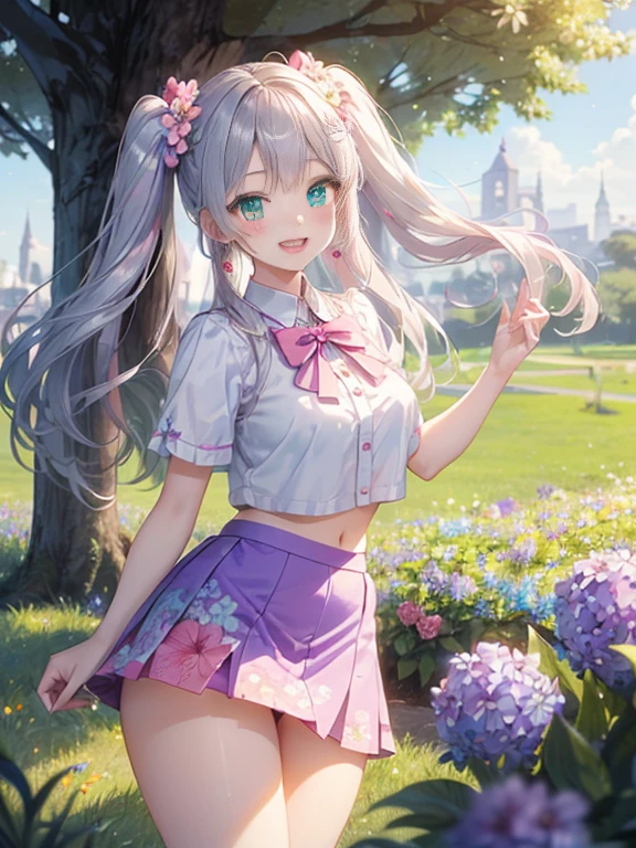 小さなgirl、The arrival of spring、big butt、 (alone:1.5,)Super detailed,bright colors, very beautiful detailed anime face and eyes, look straight, ;d, shiny_skin,girl, ((silver long hair,Inner color is red 、forehead is exposed.、green eyes、、shiny hair, delicate beautiful face, blush、(turquoise eyes), White skin, Valletta, earrings,、blue flower field、(((Floral pink outfit、purple mini skirt)))、twin tails、smile、happy face、face dyed red