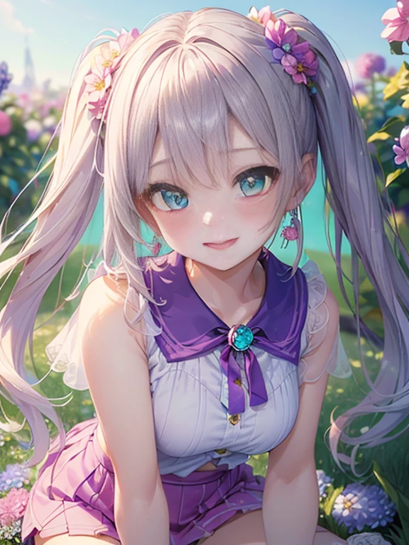 小さなgirl、The arrival of spring、big 、 (alone:1.5,)Super detailed,bright colors, very beautiful detailed anime face and eyes, look straight, ;d, shiny_skin,girl, ((silver long hair,Inner color is red 、forehead is exposed.、green eyes、、shiny hair, delicate beautiful face, blush、(turquoise eyes), White skin, Valletta, earrings,、blue flower field、(((Floral pink outfit、purple mini skirt)))、twin tails、smile、happy face、face dyed red