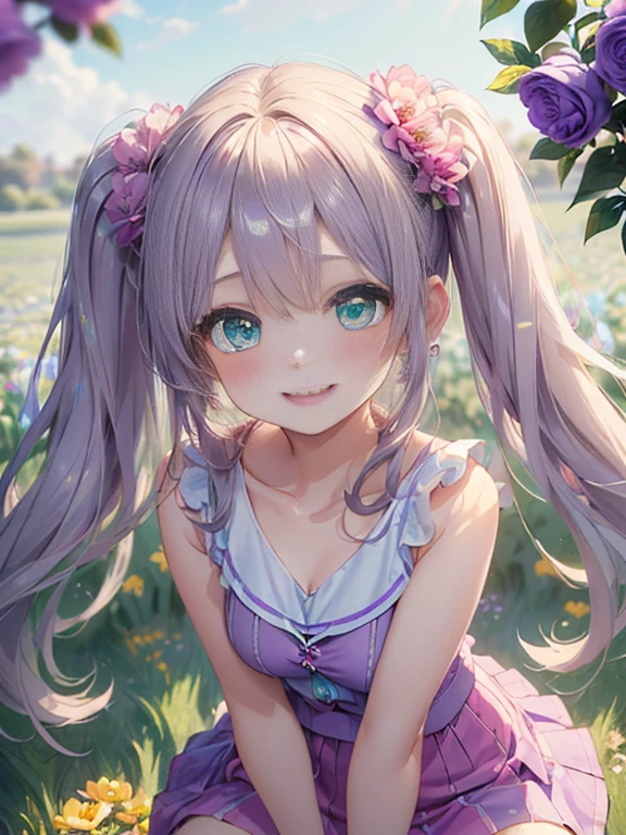 小さなgirl、The arrival of spring、big butt、 (alone:1.5,)Super detailed,bright colors, very beautiful detailed anime face and eyes, look straight, ;d, shiny_skin,girl, ((silver long hair,Inner color is red 、forehead is exposed.、green eyes、、shiny hair, delicate beautiful face, blush、(turquoise eyes), White skin, Valletta, earrings,、blue flower field、(((Floral pink outfit、purple mini skirt)))、twin tails、smile、happy face、face dyed red