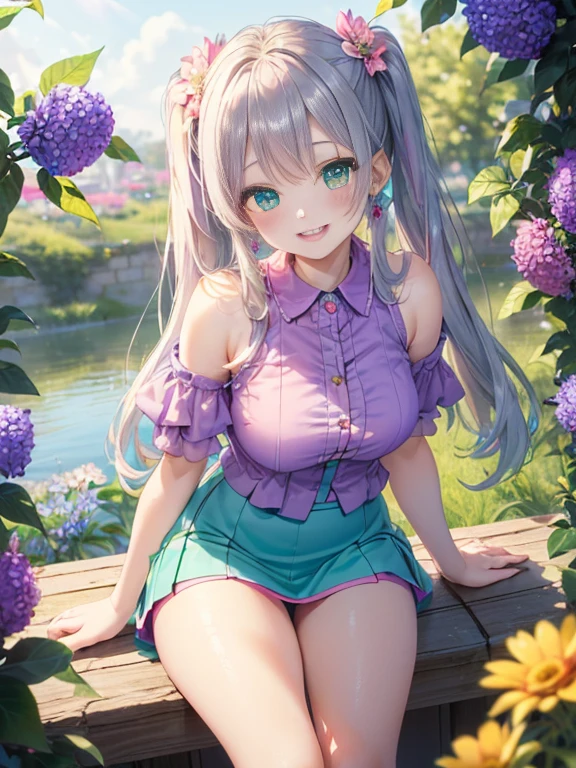 小さなgirl、The arrival of spring、big butt、 (alone:1.5,)Super detailed,bright colors, very beautiful detailed anime face and eyes, look straight, ;d, shiny_skin,girl, ((silver long hair,Inner color is red 、forehead is exposed.、green eyes、、shiny hair, delicate beautiful face, blush、(turquoise eyes), White skin, Valletta, earrings,、blue flower field、(((Floral pink outfit、purple mini skirt)))、twin tails、smile、happy face、face dyed red