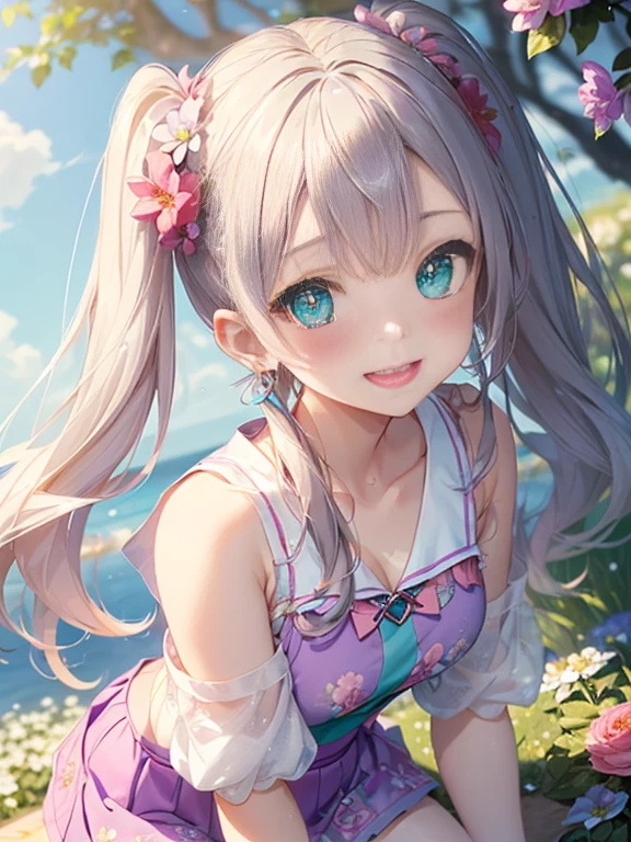 小さなgirl、The arrival of spring、big butt、 (alone:1.5,)Super detailed,bright colors, very beautiful detailed anime face and eyes, look straight, ;d, shiny_skin,girl, ((silver long hair,Inner color is red 、forehead is exposed.、green eyes、、shiny hair, delicate beautiful face, blush、(turquoise eyes), White skin, Valletta, earrings,、blue flower field、(((Floral pink outfit、purple mini skirt)))、twin tails、smile、happy face、face dyed red