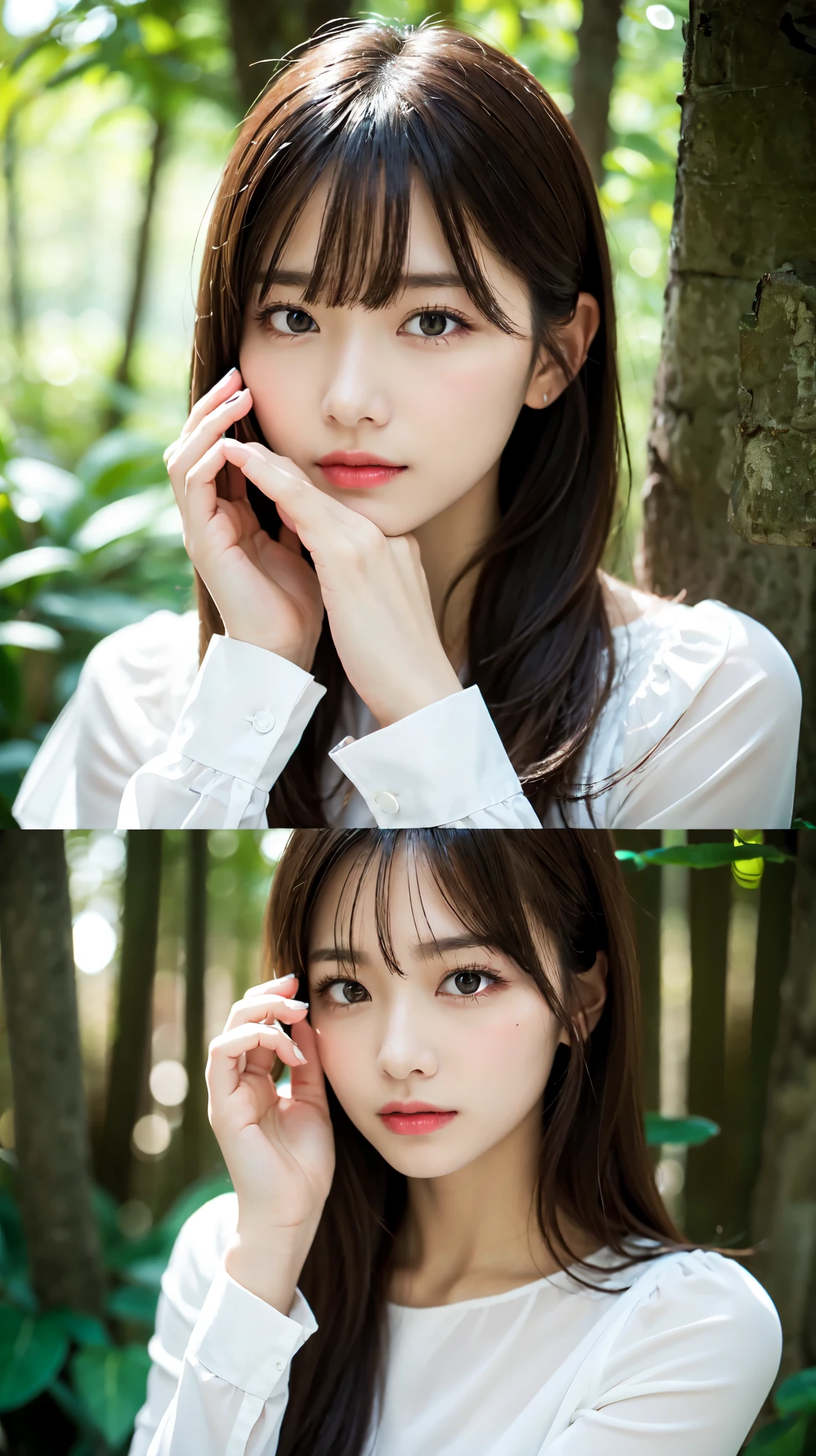 1womanl, (up of face:1.5), light brown hair, Blunt bangs, hair behind ear, hair over shoulder, Long hair, Ultra Fine Face, Thin face, Delicate lips, (beautidful eyes:1.5), thin blush, eyes are light brown,View here, Ultra-thin hands, Ultra-fine fingers, best ratio four finger and one thumb, Beige half coat , panthyhose, Broad-leaved forest with autumn leaves ,One-person viewpoint,  8K, masutepiece, nffsw, Super Detail, High quality, Best Quality, hight resolution,