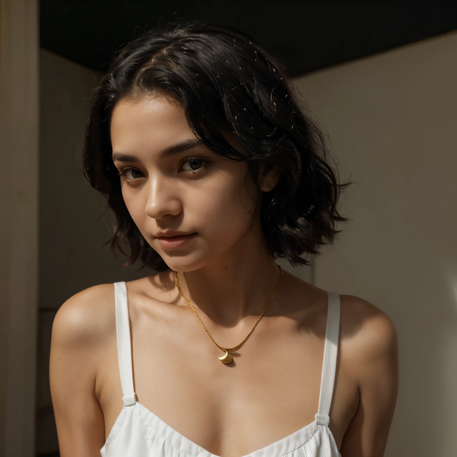 coal black hair short wavy honey eyes simple white dress gold medallion in the shape of a half moon