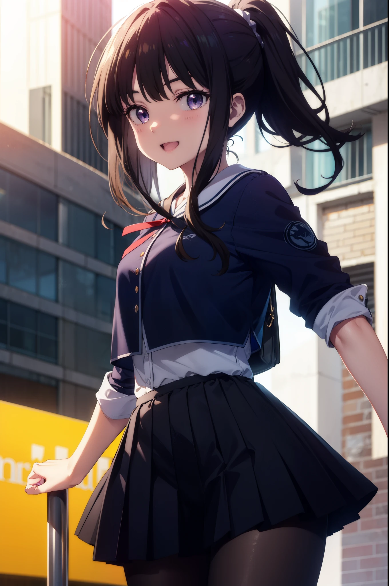 Takiuchi Kame, check it out, long hair, bangs, black hair, (purple eyes:1.2),ponytail,happy smile, smile, open your mouth,
Blue sailor suit,青色プリーツskirt,black pantyhose,brown loafers,happy smile, smile, open your mouth,skirt,morning,morning日,the sun is rising,
break outdoors,In town,building street,
break looking at viewer, whole body,(cowboy shot:1.5),
break (masterpiece:1.2), highest quality, High resolution, unity 8k wallpaper, (figure:0.8), (detailed and beautiful eyes:1.6), highly detailed face, perfect lighting, Very detailed CG, (perfect hands, perfect anatomy),