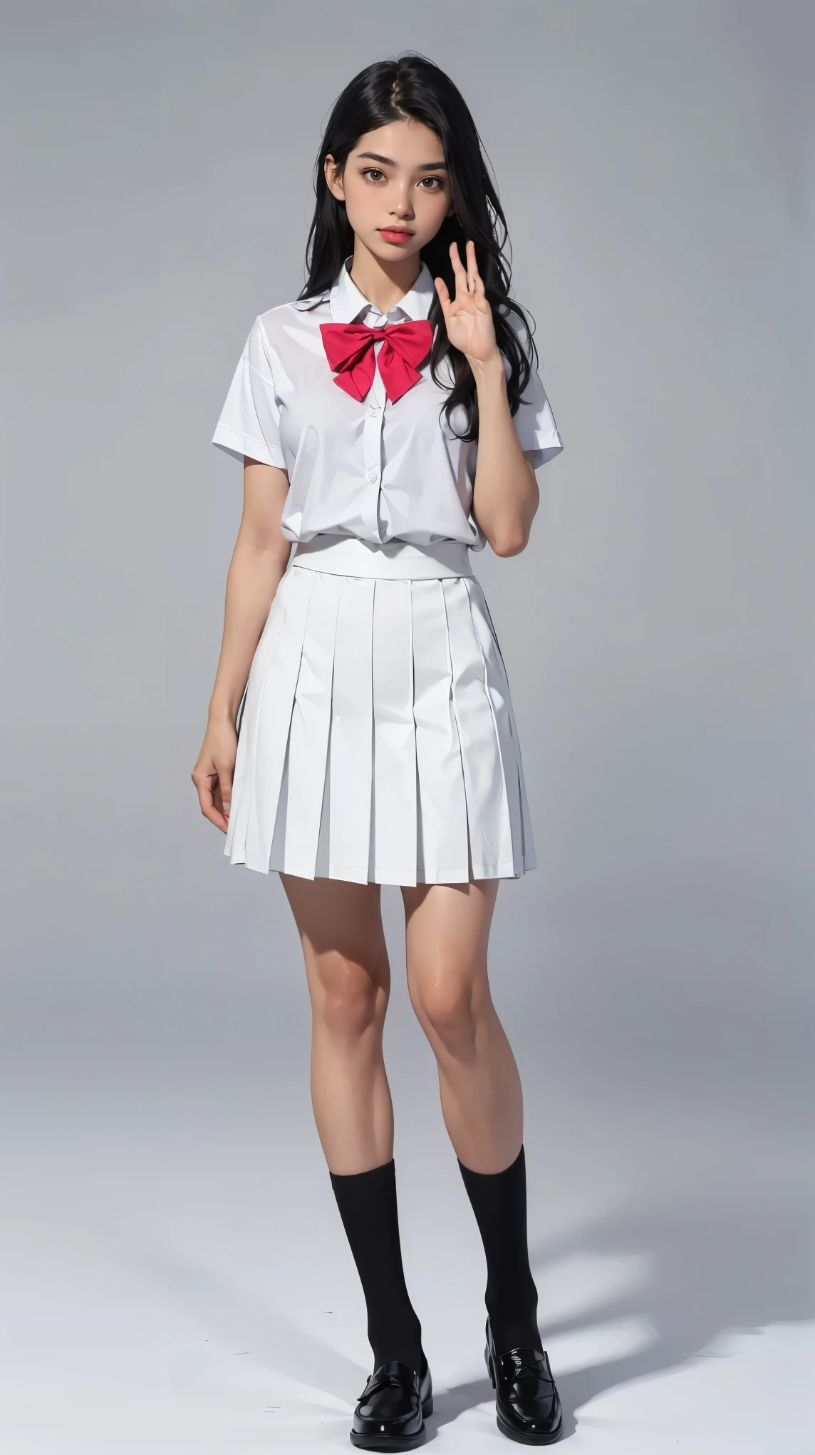 ((best quality,4k,highres,masterpiece:1.2)),((character concept art)), 1 female, teenage female, 15-year-old Asian beauty queen, ((black shoulder-length hair)), black hair, (fair skin colour), ultra finely detailed eyes (black eyes colour), innocent, beautiful, , slim body build, ((intricate detail)), super finely detailed hands, ultra finely detailed fingers(((ten fingers))), wearing white short sleeves school shirt with bowtie, gray school skirt, knee-length school socks, and black school loafers, (standing casually), (full body showcase), (show full body), (no logos on background), (no logo), ((plain background)), ((plain background)), (((empty background)))