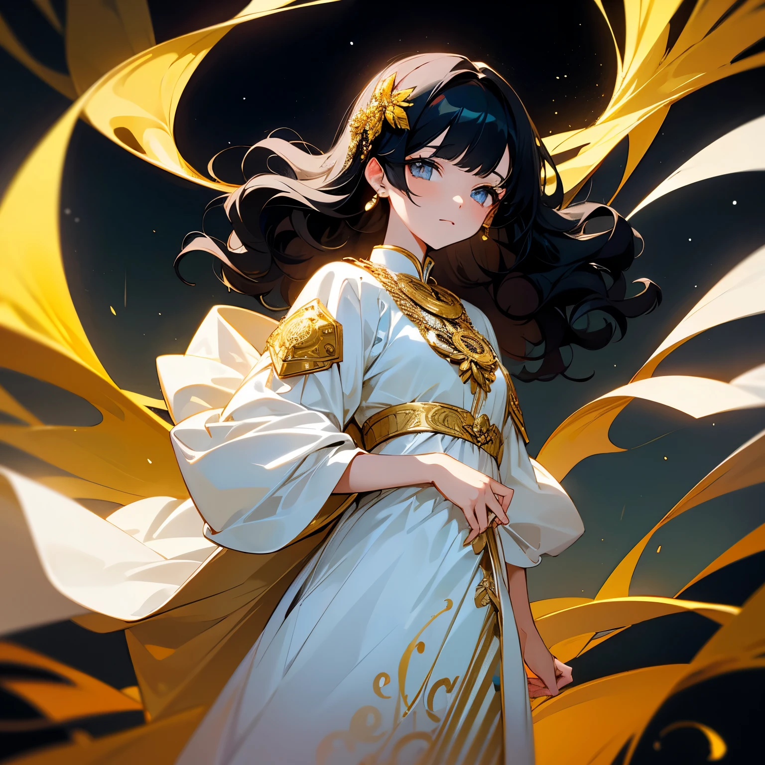  12 years old short wavy black hair honey eyes simple white dress gold medallion in the shape of a half moon the scenario takes place in the forest 