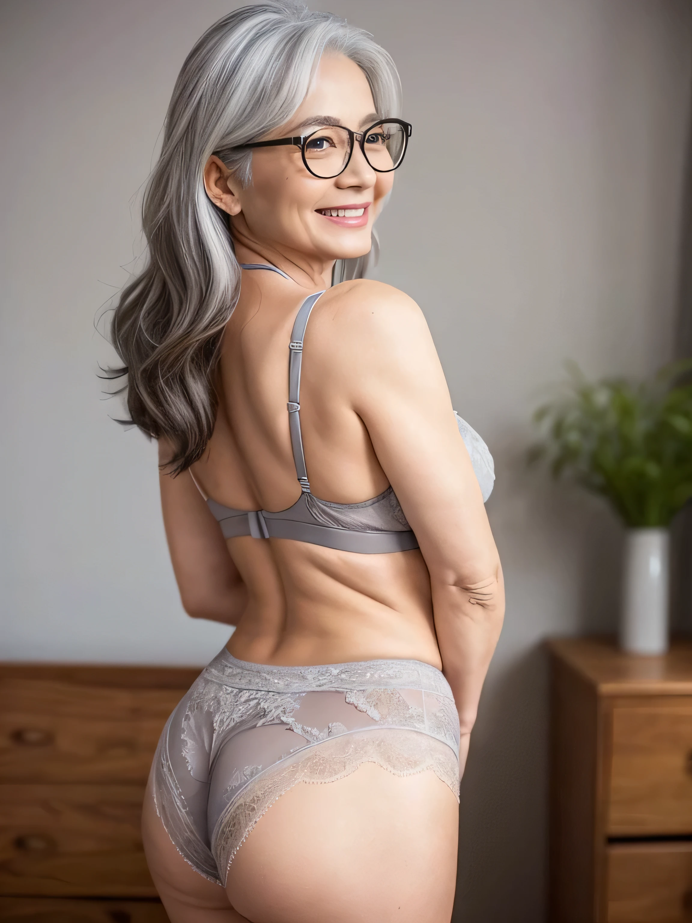 65 years old,gray hair,(there are many wrinkles on her face:1.2),old woman,lingerie,smile,back view,sexy posing,beautiful hip,Wearing glasses