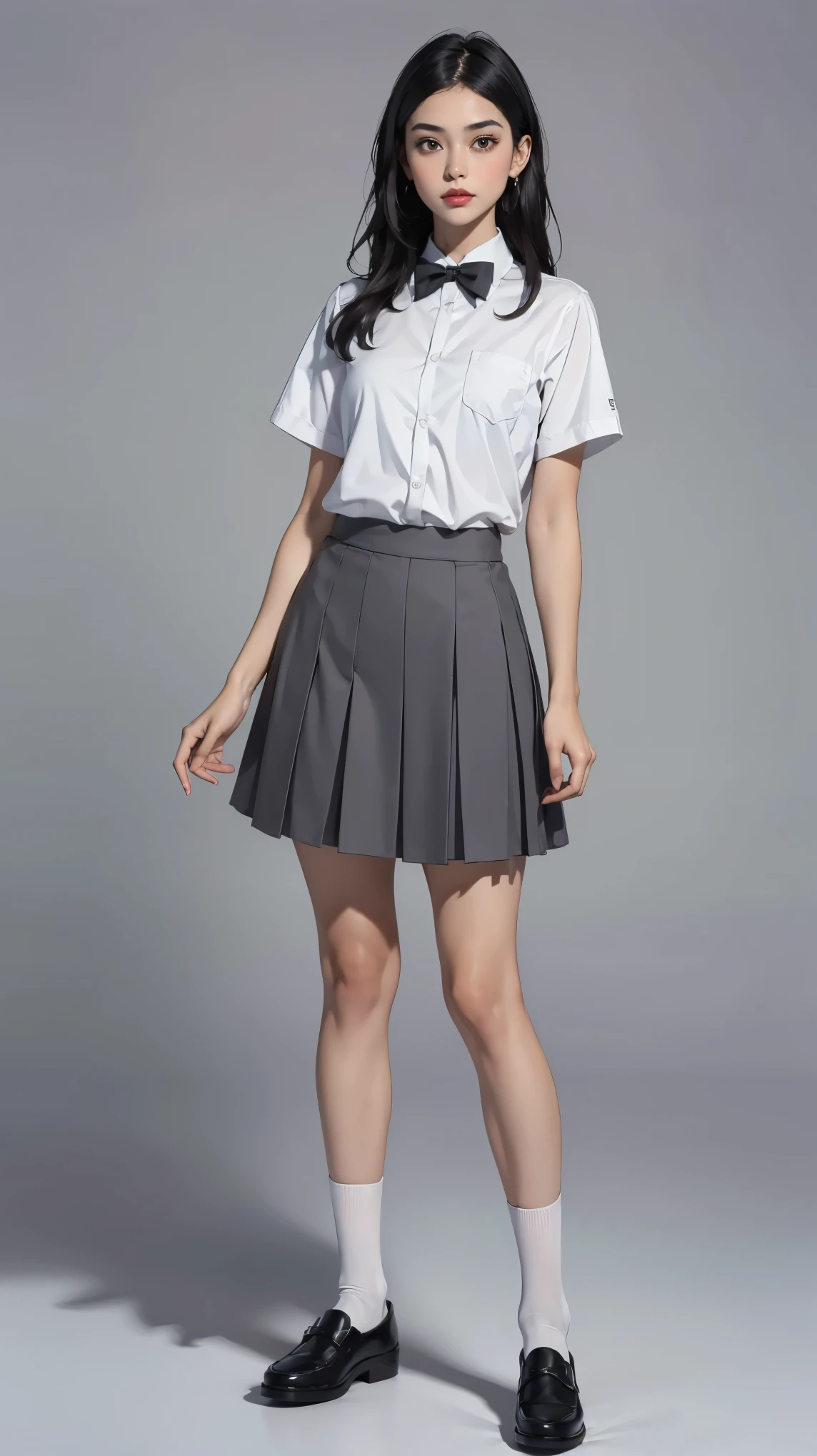 ((best quality,4k,highres,masterpiece:1.2)),((character concept art)), 1 female, teenage female, 15-year-old Asian beauty queen, ((black shoulder-length hair)), black hair, (fair skin colour), ultra finely detailed eyes (black eyes colour), innocent, beautiful, , slim body build, ((intricate detail)), super finely detailed hands, ultra finely detailed fingers(((ten fingers))), wearing white short sleeves school shirt with bowtie, gray school skirt, knee-length school socks, and black school loafers, (standing casually), (full body showcase), (show full body), (no logos on background), (no logo), ((plain background)), ((plain background)), (((empty background)))
