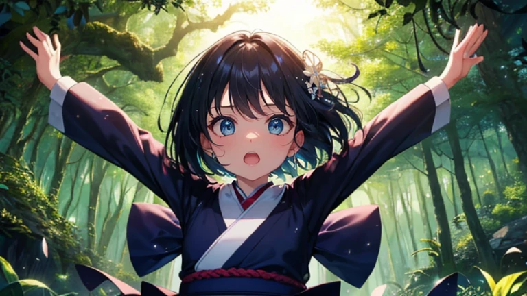 A (masterpiece, of the highest quality, ultra-detailed), featuring a 6-year-old girl and a 6-year-old boy with black and navy bob-cut hair, finely sculpted facial features, blue eyes, and fair skin, adorned in traditional Japanese kimonos, with sparkling eyes, laughing in the midst of a forest, with mouths open, experiencing the utmost joy, striking dynamic poses.