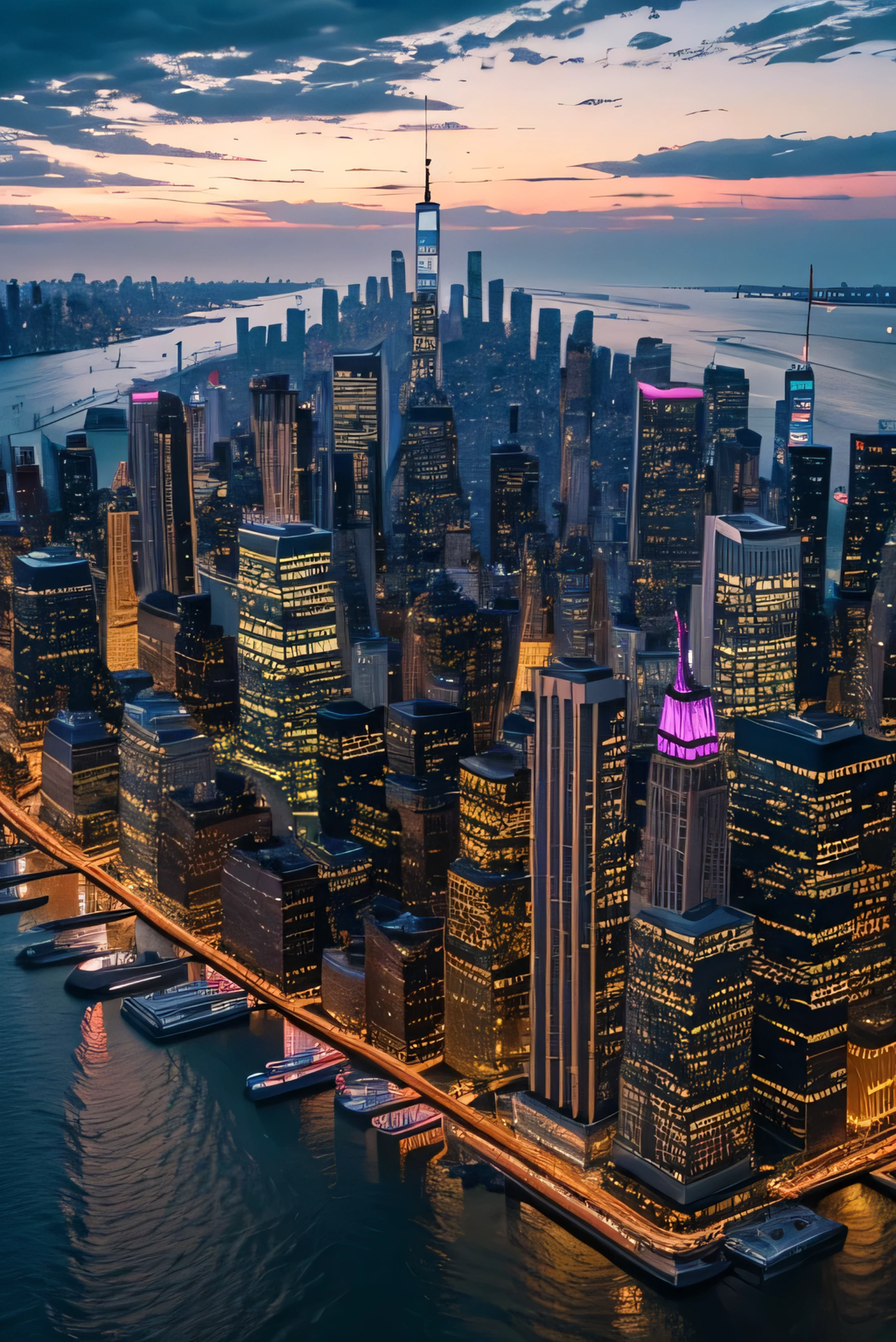 "Create a dynamic and captivating skyline depiction of Manhattan, New York, utilizing a vibrant palette of colors to convey the city's energy and diversity. Capture the iconic skyscrapers, bustling streets, and the pulsating rhythm of urban life against the backdrop of a colorful sky. Let your imagination soar as you infuse the scene with atmosphere, character, and a sense of awe-inspiring beauty."