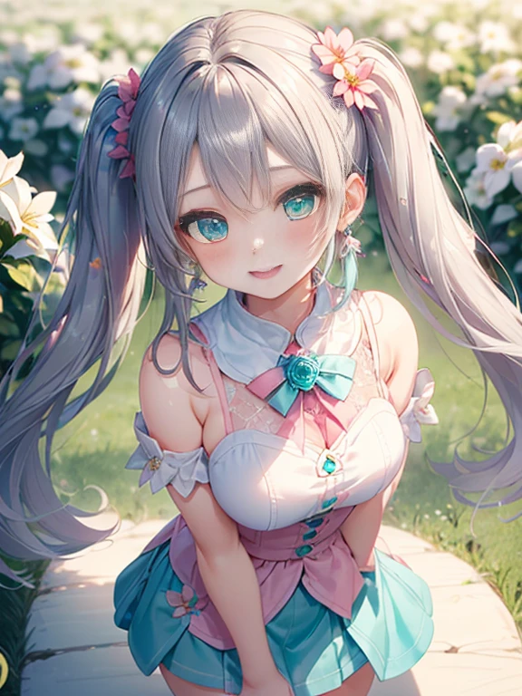小さなgirl、The arrival of spring、big butt、 (alone:1.5,)Super detailed,bright colors, very beautiful detailed anime face and eyes, look straight, ;d, shiny_skin,girl, ((silver long hair,Inner color is red 、forehead is exposed.、green eyes、、shiny hair, delicate beautiful face, blush、(turquoise eyes), White skin, Valletta, earrings,、blue flower field、(((Floral pink outfit、white mini skirt)))、twin tails、smile、happy face、face dyed red